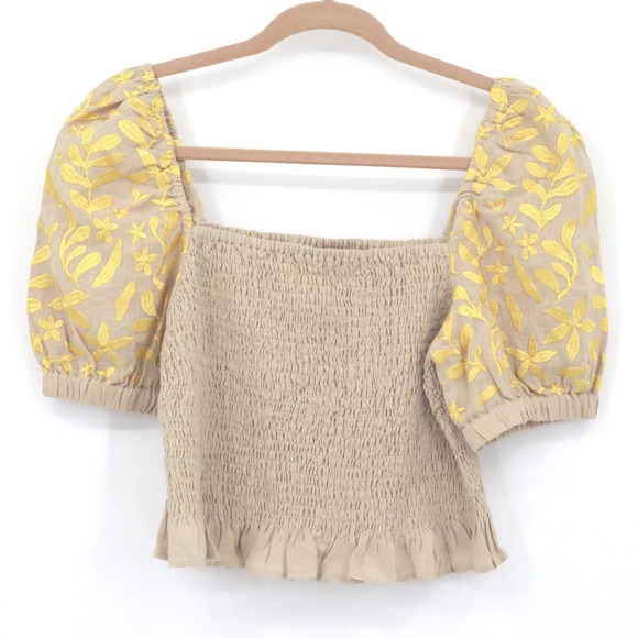 Voyageur by Mersea Embroidered Linen Top Womens S Beige Milkmaid Cottagecore NWT - Picture 1 of 16